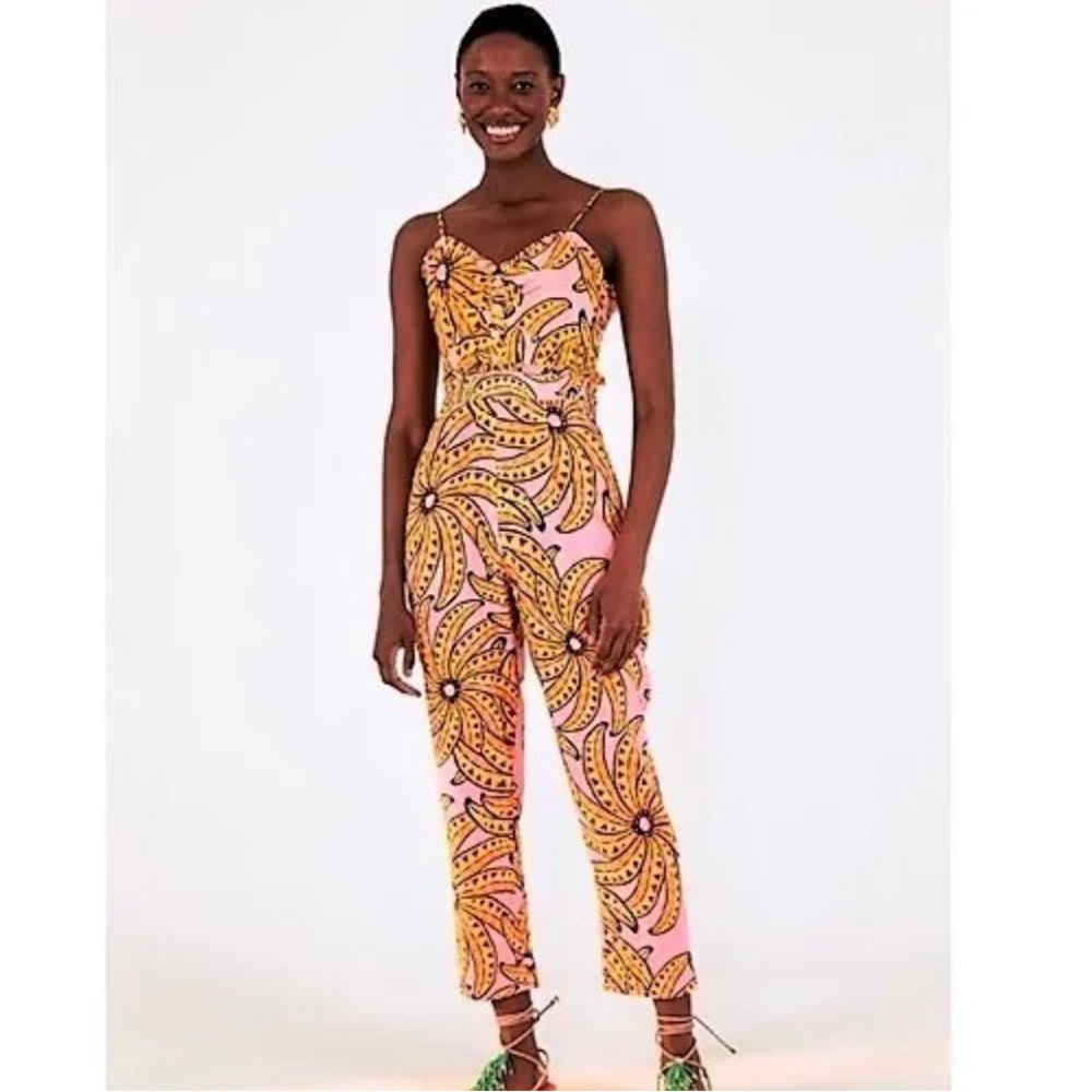 FARM Rio pink linen banana print jumpsuit